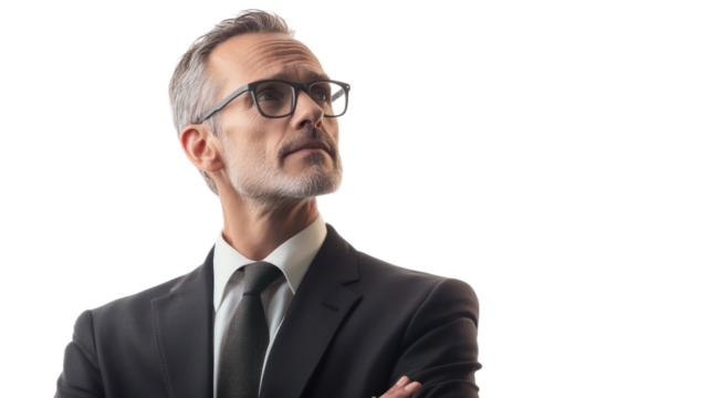 Strategic Visionary: Portrait of a pensive businessman, arms crossed, gazing thoughtfully into the distance.  His expression conveys intelligence, ambition, and strategic thinking.
