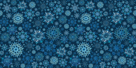 Seamless pattern Watercolor snowflakes on winter sky background. Watercolor illustration in pastels, drawn by hand. Design for packaging, greeting cards, textiles and print.
