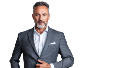 Confident and Composed: A mature businessman exudes confidence and authority in a sharp suit, his eyes locked on the viewer.  His poised demeanor suggests leadership, experience.
