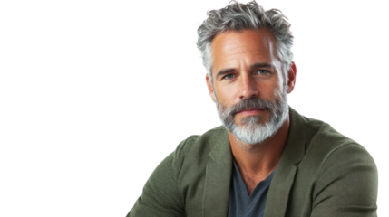 Confident and Experienced: A mature, distinguished man with a salt-and-pepper beard and a thoughtful expression, exuding confidence and wisdom.  