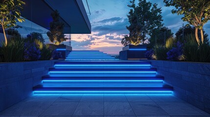 Fototapeta premium A modern outdoor staircase with neon blue lighting under each step