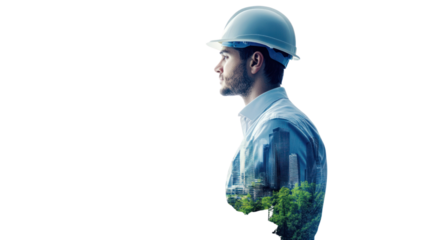 Visionary Architect: A double exposure portrait of an architect, showcasing the blending of nature and urban landscapes, symbolizing the transformative power of design.  