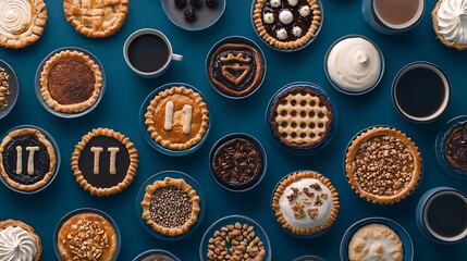 Assorted Mini Pies and Coffee Arranged on a Blue Background