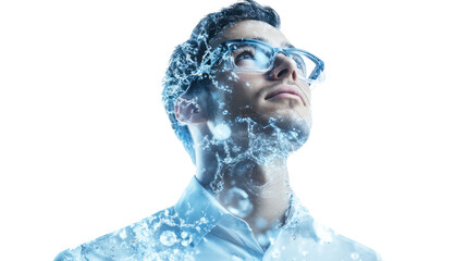 The Digital Mind: A man gazes upwards, his face obscured by a swirling stream of binary code and digital elements.