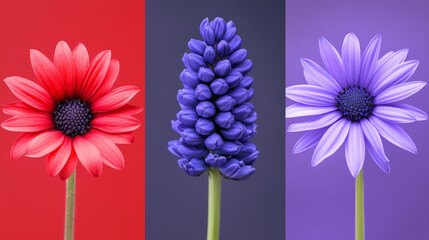 three vibrant flowers in contrasting colors against dynamic backgrounds