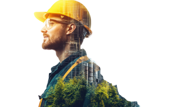 Building Dreams: A construction worker's face, layered with the image of a city, embodies the ambition, dedication, and vision of building a future.