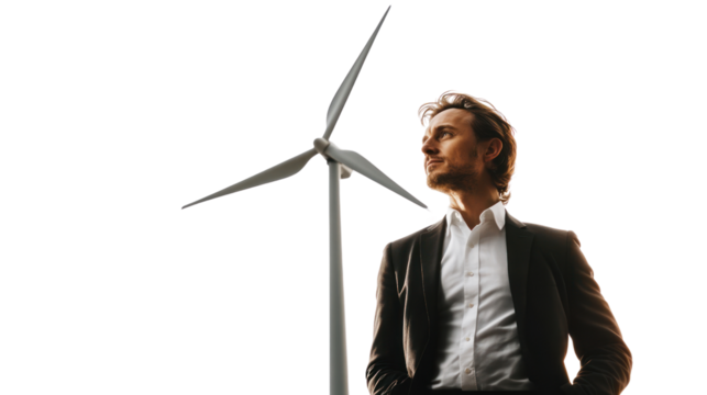 A Vision for a Greener Tomorrow: A confident businessman stands before a wind turbine, gazing towards a bright future filled with sustainable energy and a cleaner world.  
