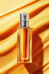 Naklejka premium Amber perfume bottle on yellow textured background.