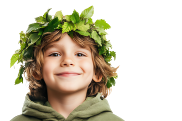 A cheerful boy wearing a green leaf crown smiles brightly, embodying a connection to nature and playfulness, perfect for promoting eco-friendly themes.