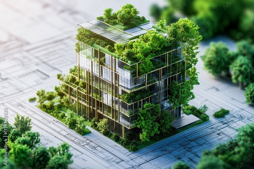 Poster eco-friendly construction: digital architectural blueprints showcasing sustainable green building pr
