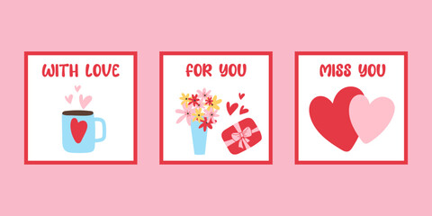 Valentine's Day Greeting Cards, Flat Vector, Style, cup, hearts, flowers, gift