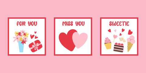 Romantic Flat Vector Valentine's Day Cards Set. Flowers, gift, hearts, sweets, cake, cupcake, ice cream