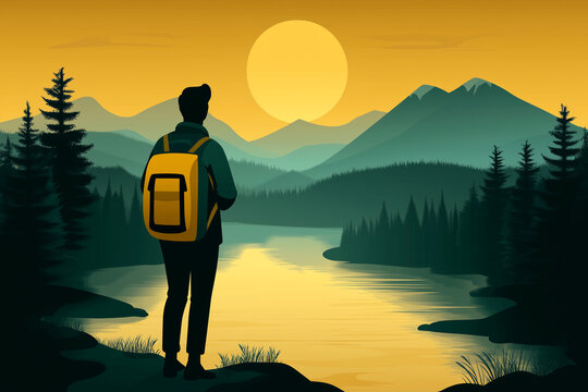 A man is standing on a mountain top with a backpack and looking at the sun. The sun is setting behind the mountains, creating a beautiful and serene atmosphere