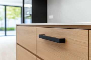 Close-up of modern kitchen cabinet with light wood and black handle.
