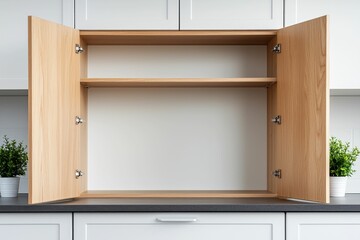 Open kitchen cabinet with empty shelves, light wood doors, and gray countertop.  Small plants flank the cabinet.