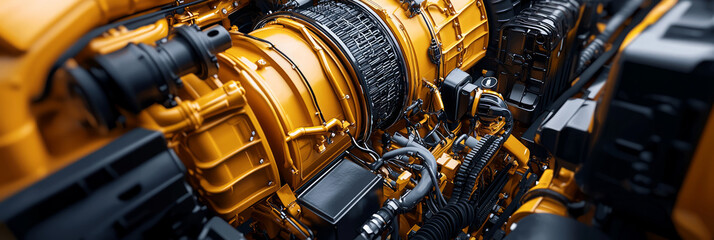 3D rendering of a yellow and black engine, close-up on the truck's components, with visible mechanical parts, generative AI