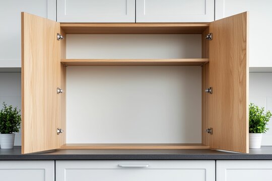 Open kitchen cabinet with empty shelves, light wood doors, and gray countertop.  Small plants flank the cabinet.