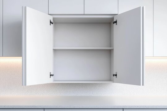 Empty open white kitchen cabinet with two shelves against a white wall.