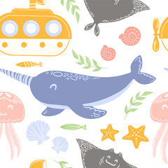 Vector seamless pattern with sea animal and submarine for child clothes. © Aleksandra Baianova