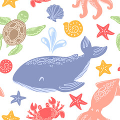 Vector seamless pattern with whale and turtle for child clothes.