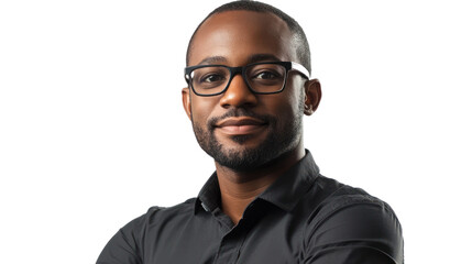 Obraz premium Confident Professional: A portrait of a confident and successful African American man with a warm smile, showcasing his intelligence and leadership qualities. 