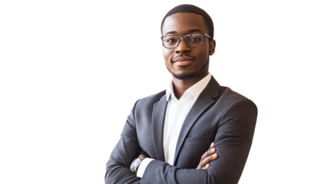 Confident and Ready: A professional portrait of a confident young African American businessman in a suit with arms crossed, exuding an aura of professionalism and preparedness.
