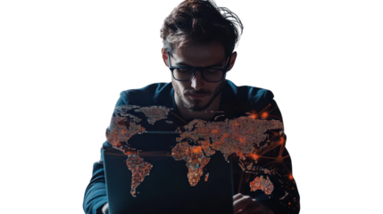 Global Network Hacker: A focused young man intensely works on his laptop, a world map overlaid with data streams reflecting his global reach and technological expertise.