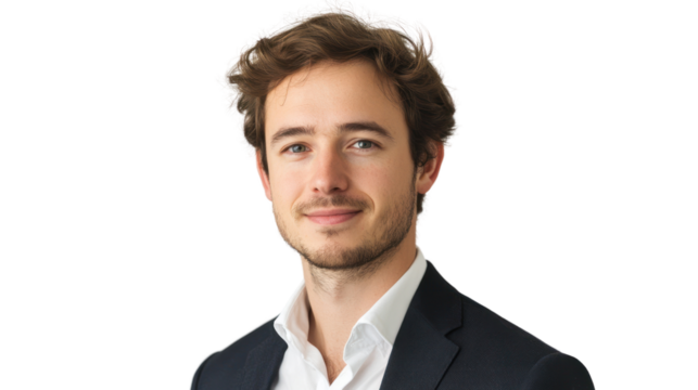 Confident Professional Portrait: Young Man in a Blue Suit and White Shirt with a Gentle Smile.
