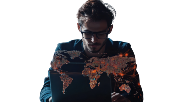 Global Network Hacker: A focused young man intensely works on his laptop, a world map overlaid with data streams reflecting his global reach and technological expertise.