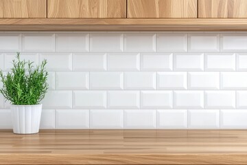 Modern kitchen interior with wood cabinets, white tile backsplash, and rosemary plant.