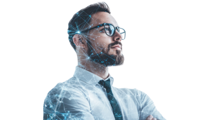 Man with Vision: A confident businessman with a determined gaze, his face illuminated by a digital network of interconnected lines.