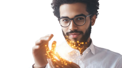 Man with glowing particles in hands 