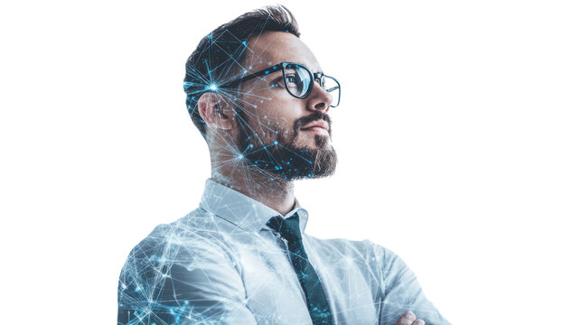 Man with Vision: A confident businessman with a determined gaze, his face illuminated by a digital network of interconnected lines.