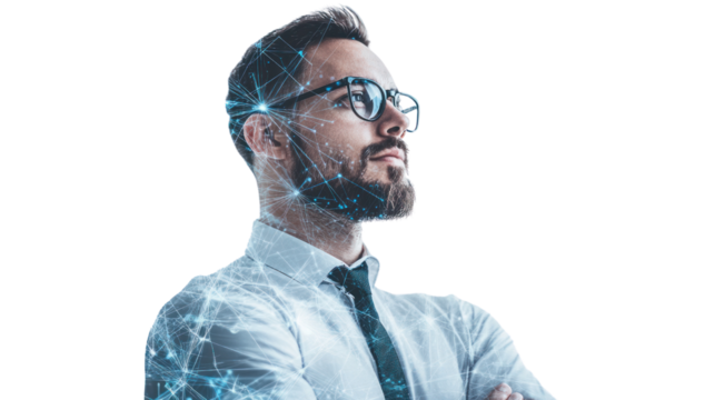 Man with Vision: A confident businessman with a determined gaze, his face illuminated by a digital network of interconnected lines.