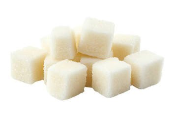 A close-up view of a pile of white sugar cubes arranged neatly, symbolizing sweetness and culinary uses in various beverages and desserts.