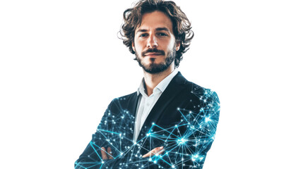 Connected Businessman: A confident, modern businessman with a determined expression, his suit overlaid with a mesmerizing network of glowing blue lines.