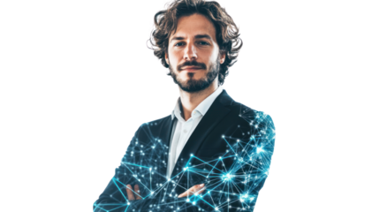 Connected Businessman: A confident, modern businessman with a determined expression, his suit overlaid with a mesmerizing network of glowing blue lines.