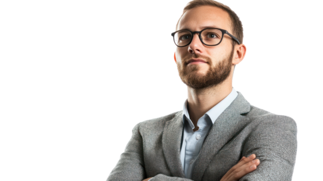Confident Professional Portrait: A young, ambitious businessman with a beard and glasses, exudes confidence with arms crossed.  His serious expression conveys determination and success.