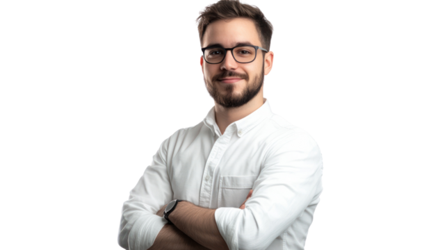 Confident Professional Portrait: A young man with a beard and glasses smiles confidently with his arms crossed.  He exudes professionalism and competence.