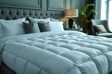 Obraz premium Cozy Luxury Bedroom with Contemporary Decor and Plush Bedding for Interior Design