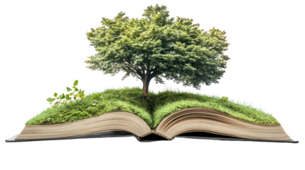Knowledge Grows:  A lush green tree sprouts from an open book, symbolizing the power of knowledge and its ability to flourish and grow. The image evokes a sense of hope, renewal.