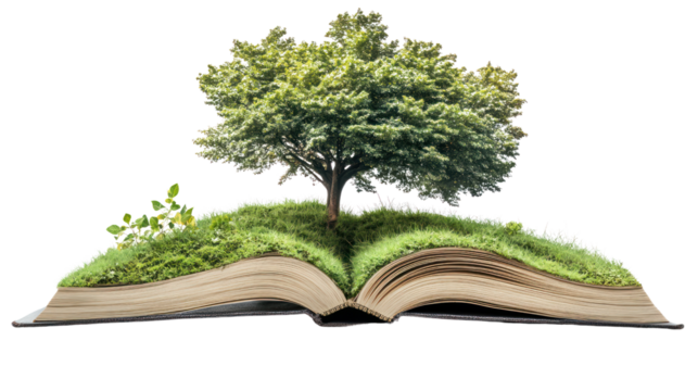 Knowledge Grows:  A lush green tree sprouts from an open book, symbolizing the power of knowledge and its ability to flourish and grow. The image evokes a sense of hope, renewal.
