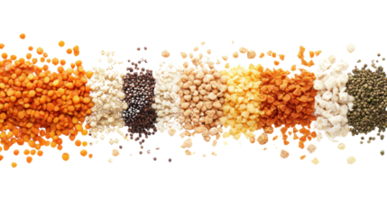 A Rainbow of Pulses: A vibrant, top-down view showcasing an assortment of colorful pulses, lentils, and legumes arranged in a captivating row.  Perfect for culinary blogs, healthy eating campaigns.