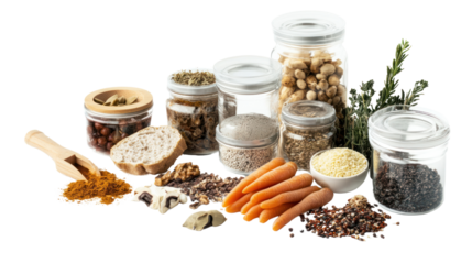 A symphony of flavors: An array of ingredients, from earthy spices and grains to fresh carrots and nuts, beautifully arranged for a culinary masterpiece.