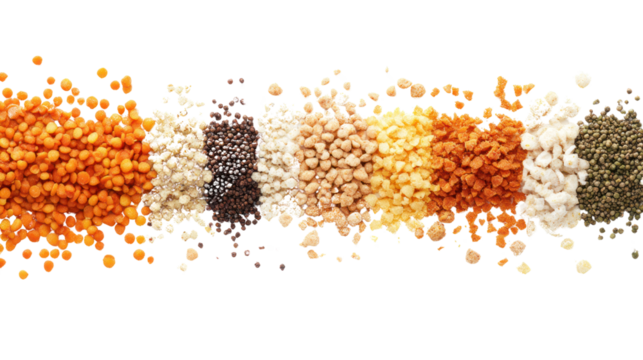 A Rainbow of Pulses: A vibrant, top-down view showcasing an assortment of colorful pulses, lentils, and legumes arranged in a captivating row.  Perfect for culinary blogs, healthy eating campaigns.