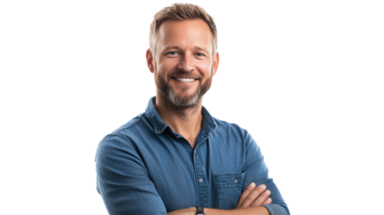 Confident Man Portrait: A friendly and approachable middle-aged man with arms crossed, showcasing a genuine smile and positive attitude. Perfect for corporate, business, or personal branding. 