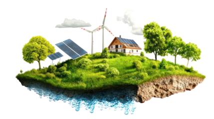 Sustainable Living: A idyllic eco-friendly house nestled amidst lush greenery, powered by renewable energy sources, a symbol of sustainable living and a brighter future. 