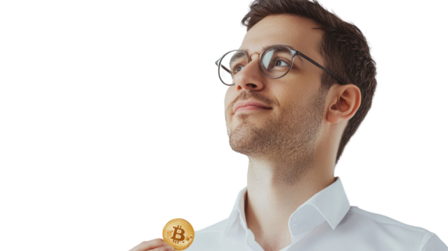 Cryptocurrency Dreams: A young man, holding a Bitcoin, looks up with a hopeful and optimistic expression, symbolizing the potential and future of digital currency. 