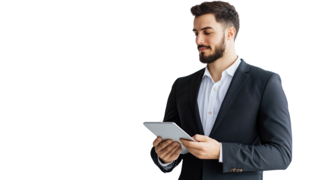 Focused Businessman reviewing Tablet