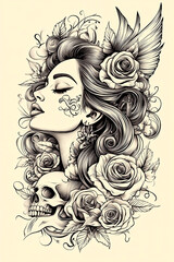 A woman with a skull and roses tattooed on her arm. The skull is positioned to the left of the woman's arm, and the roses are scattered throughout the tattoo. Scene is dark and mysterious